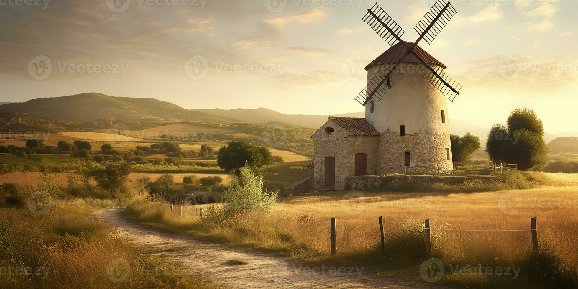 AI Generated. AI Generative. Vintage retru old windmill building nature outdoor countryside landscape background. Graphic Art photo