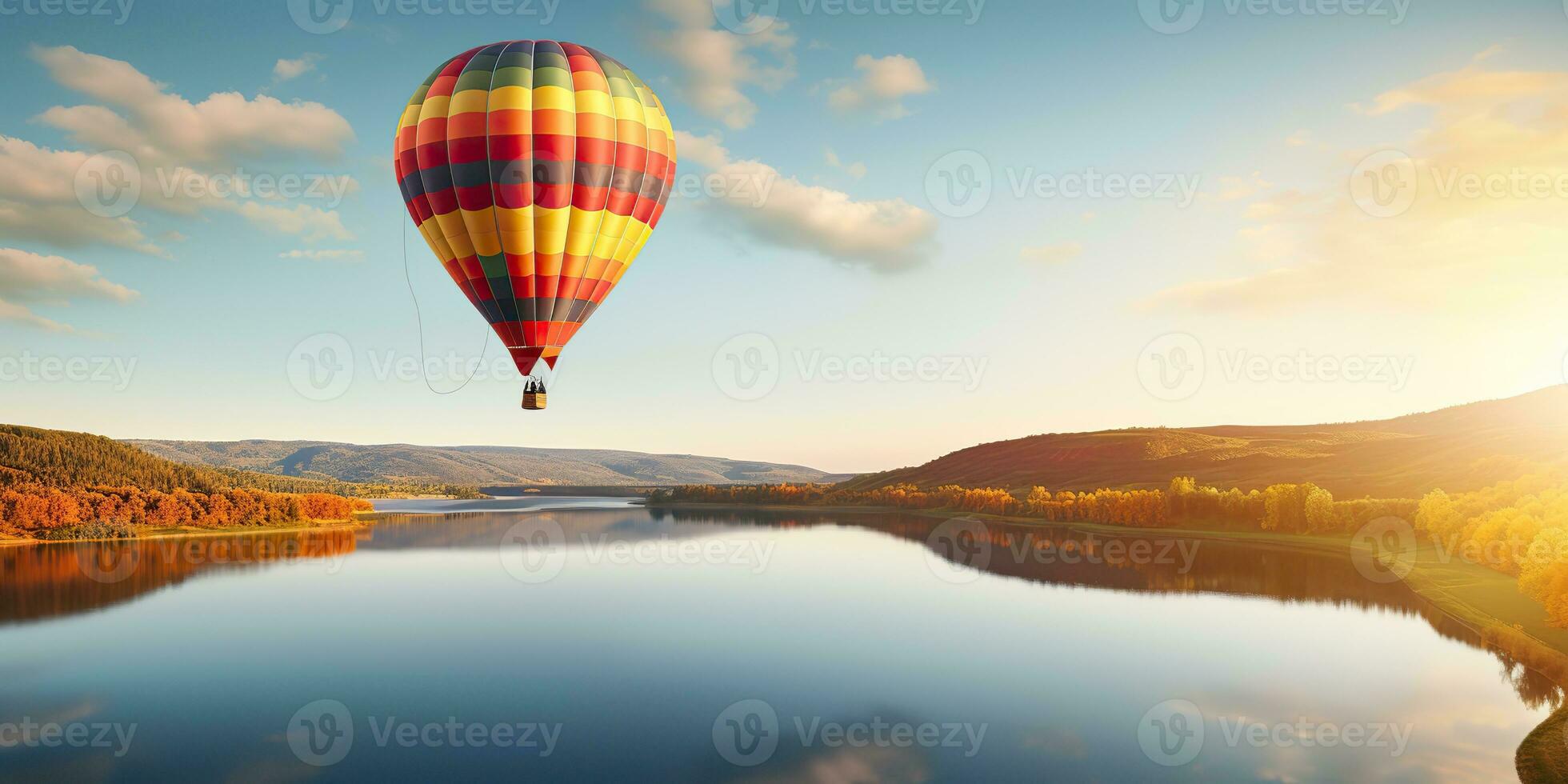 AI Generated. AI Generative. Hot air balloon scenic view at nature outdoor beautiful sand mountain river landscape. Graphic Art photo