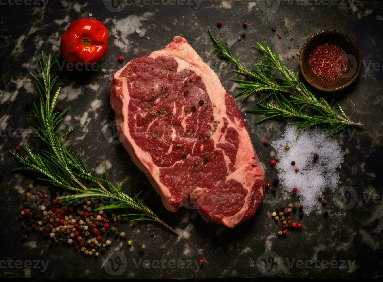 Two raw steak New York with rosemary and spices. Flat lay top view on black stone cutting table. Created with Generative AI technology. photo