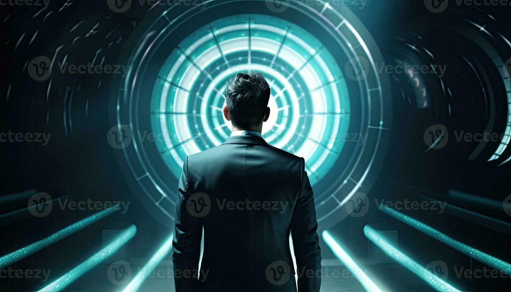 Businessman gesture protecting virtual blue dartboard with arrow ,Business Achievement objective target concept. Created with Generative AI technology. photo