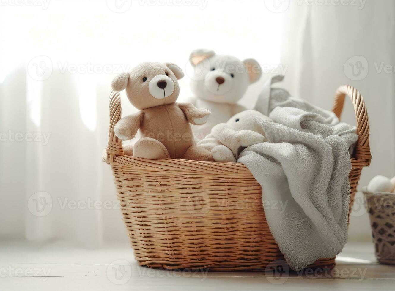 A basket of white laundry, a teddy bunny toy, a bottle of liquid detergent, washing gel or fabric softener. Mockup for washing baby clothes with copy space. Created with Generative AI technology photo