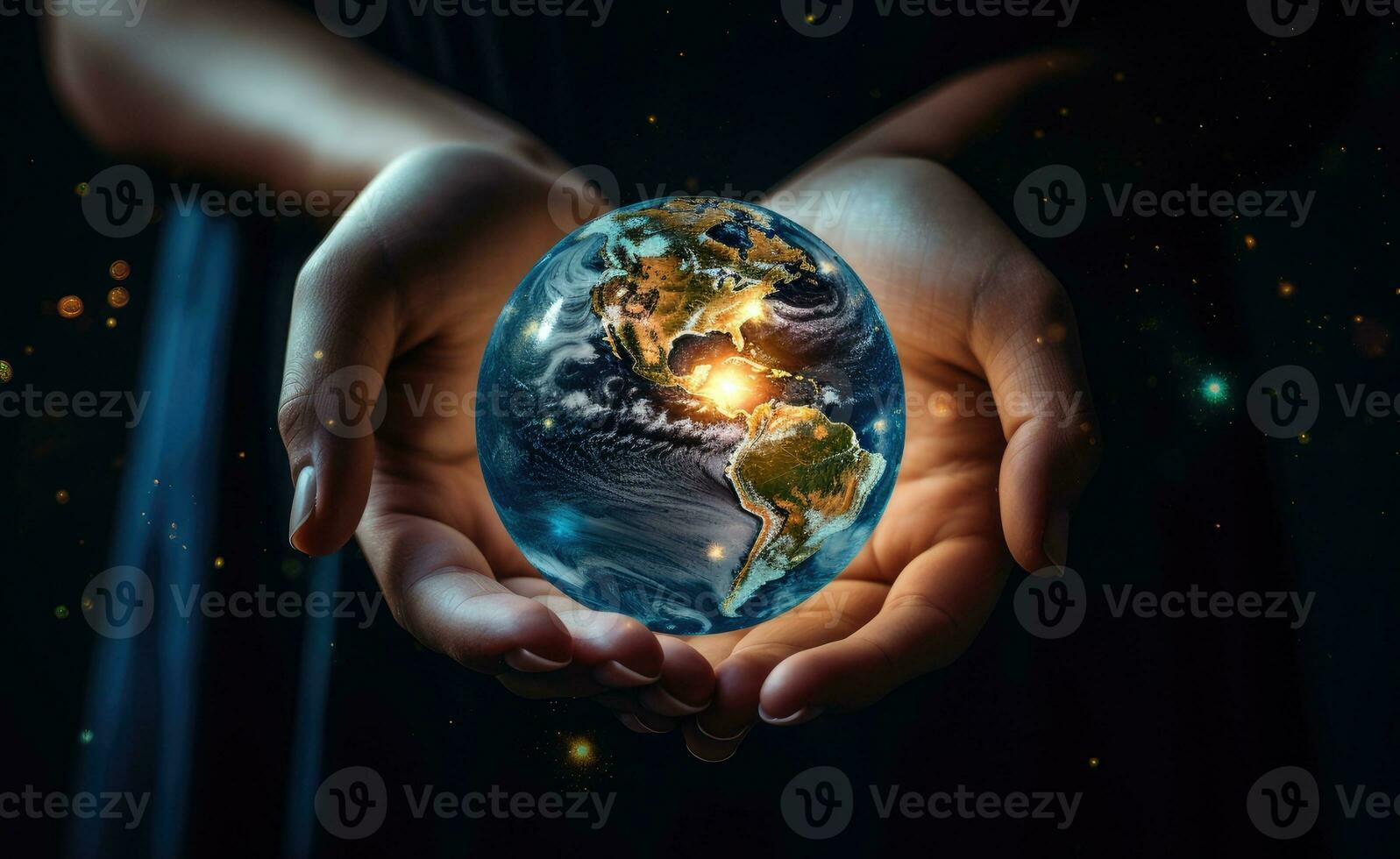 Earth at night was holding in human hands. Earth day. Energy saving concept, Created with Generative AI technology. photo