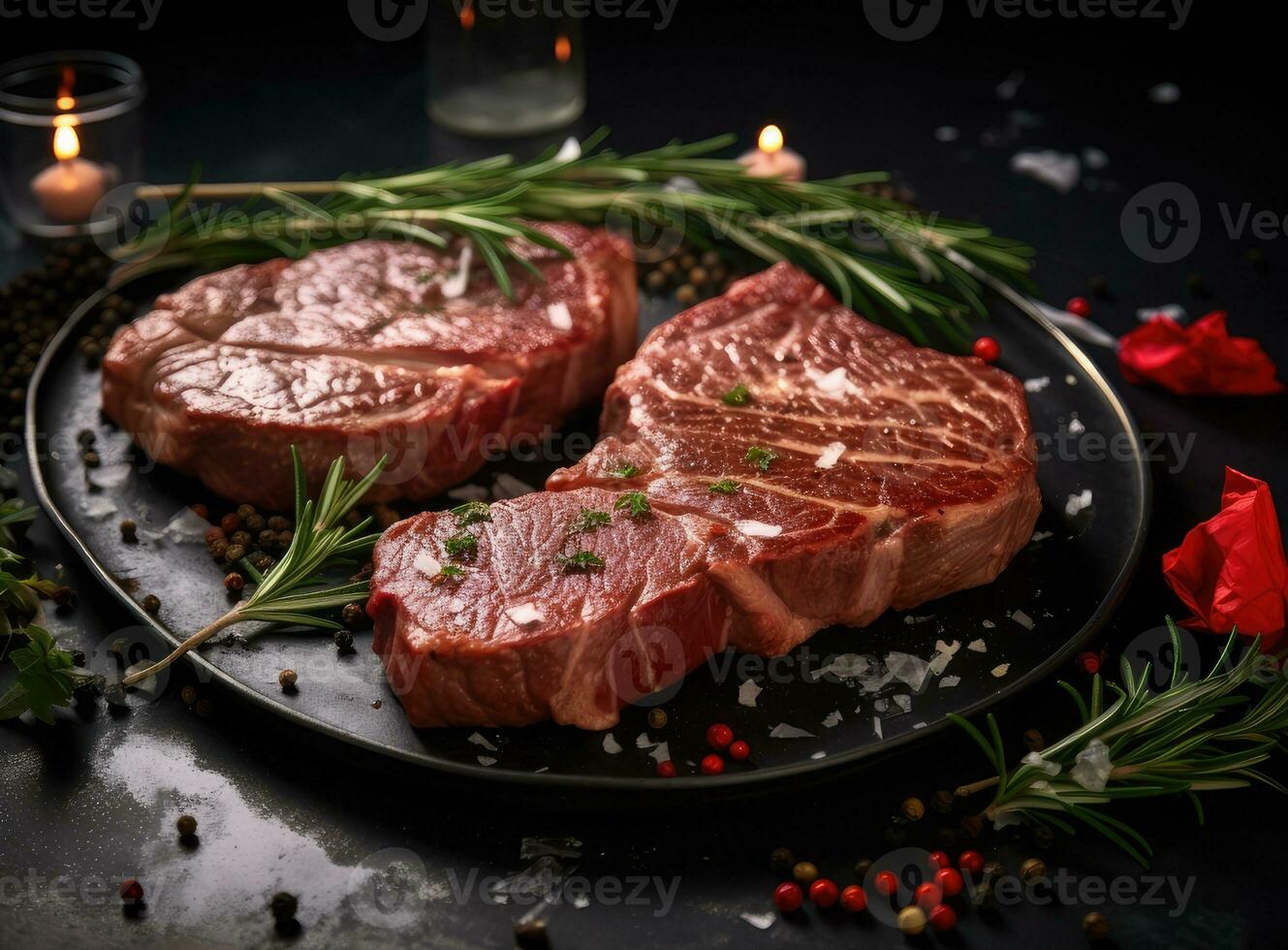 Two raw steak New York with rosemary and spices. Flat lay top view on
