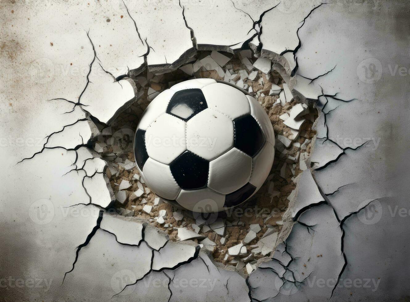 Sport soccer ball coming in cracked wall with grunge texture. Created with Generative AI technology. photo