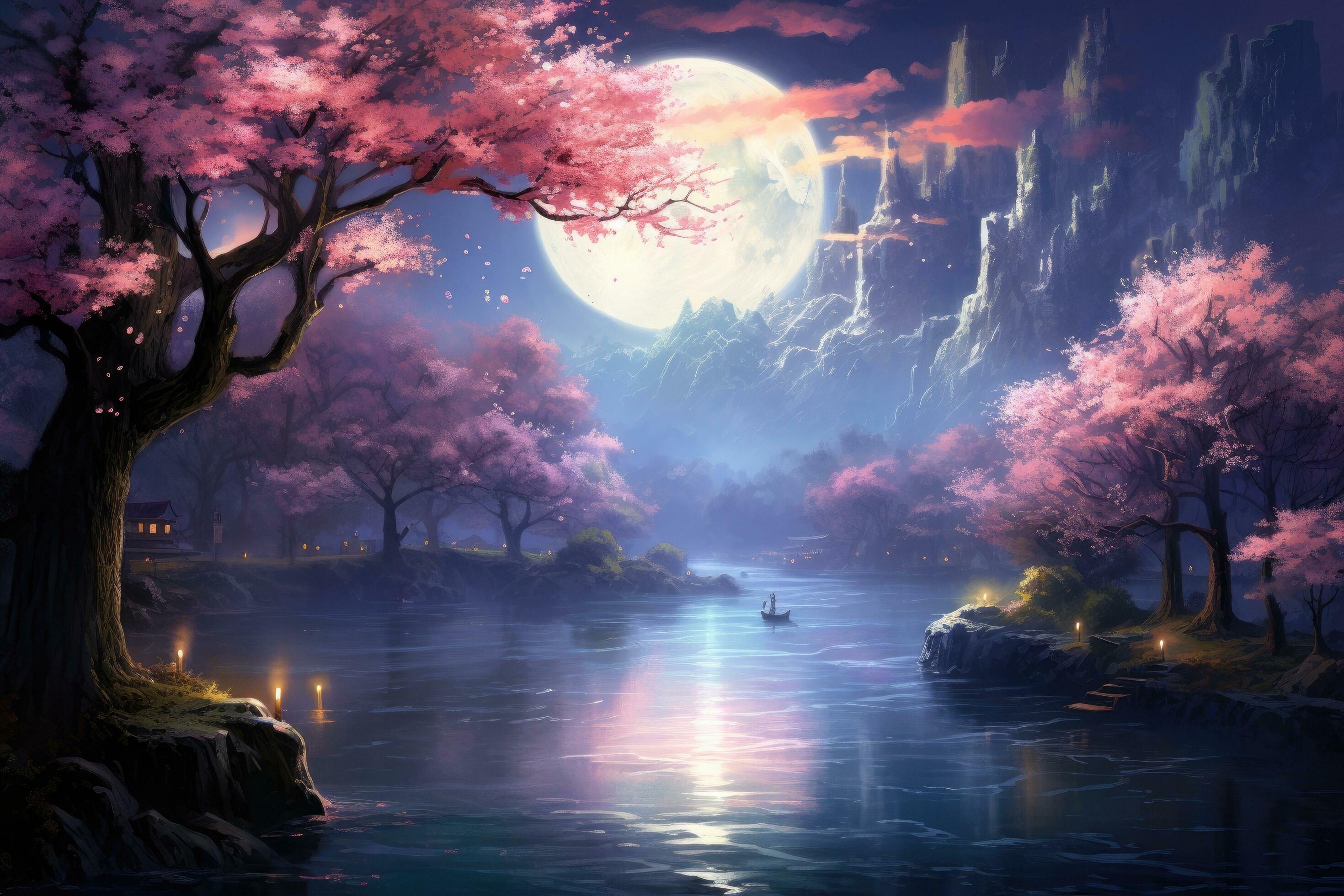 Fantasy landscape with full moon and cherry blossom trees on the lake, tranquil river flowing