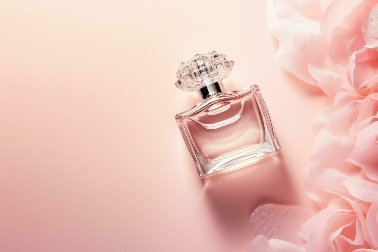 Perfume bottle with flower on light pink background, Generative AI. photo