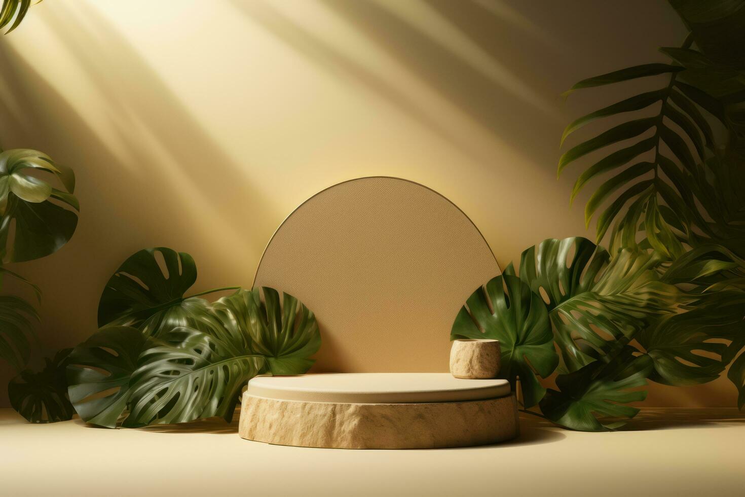 Luxury beige podium mockup for product on background, Generative AI. photo