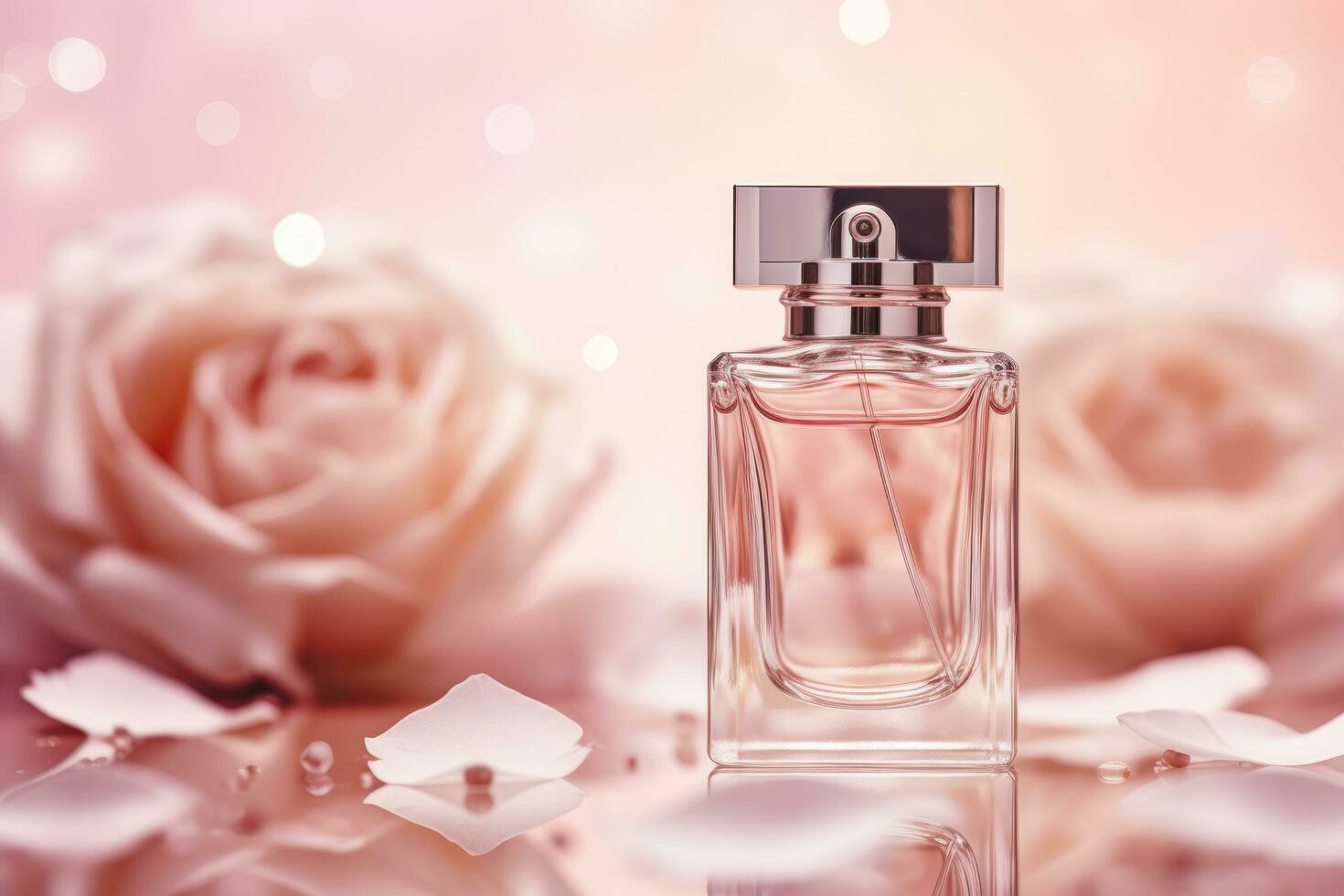 Perfume bottle with flower on light pink background, Generative AI. photo