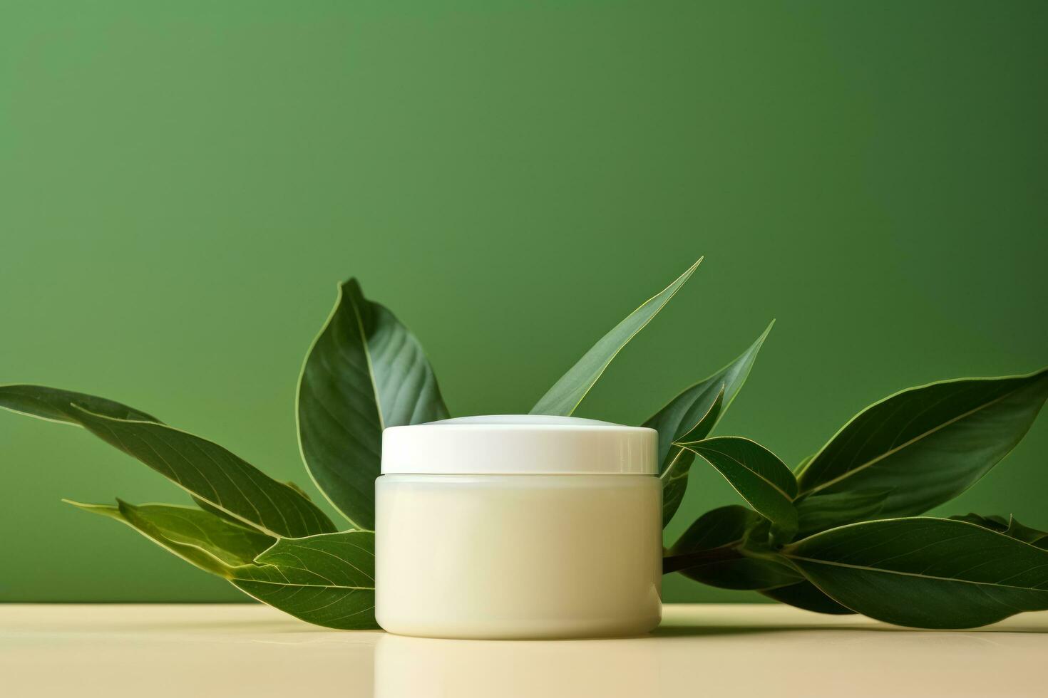 Blank cosmetic plastic jar mockup and green leaves, Generative AI. photo