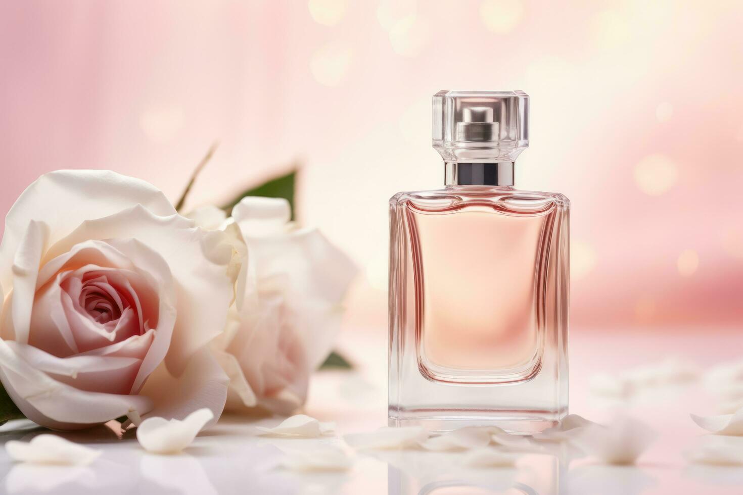 Perfume bottle with flower on light pink background, Generative AI. photo