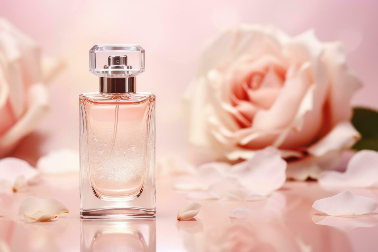 Perfume bottle with flower on light pink background, Generative AI. photo