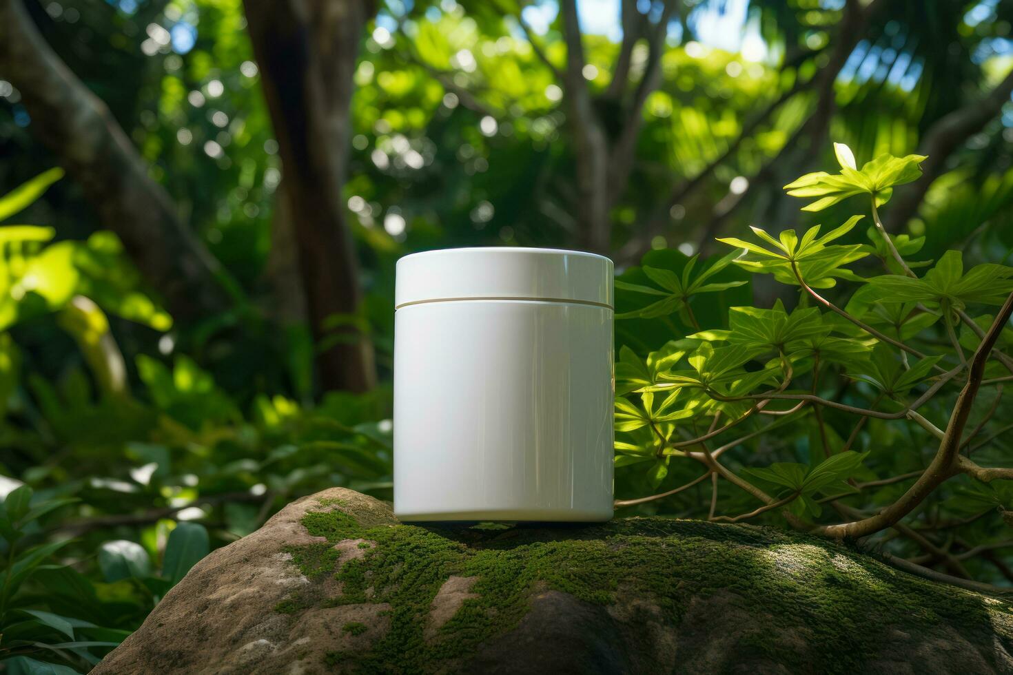 blank cosmetic container mockup on tropical forest background, blank mockup, cosmetic product, Generative AI. photo