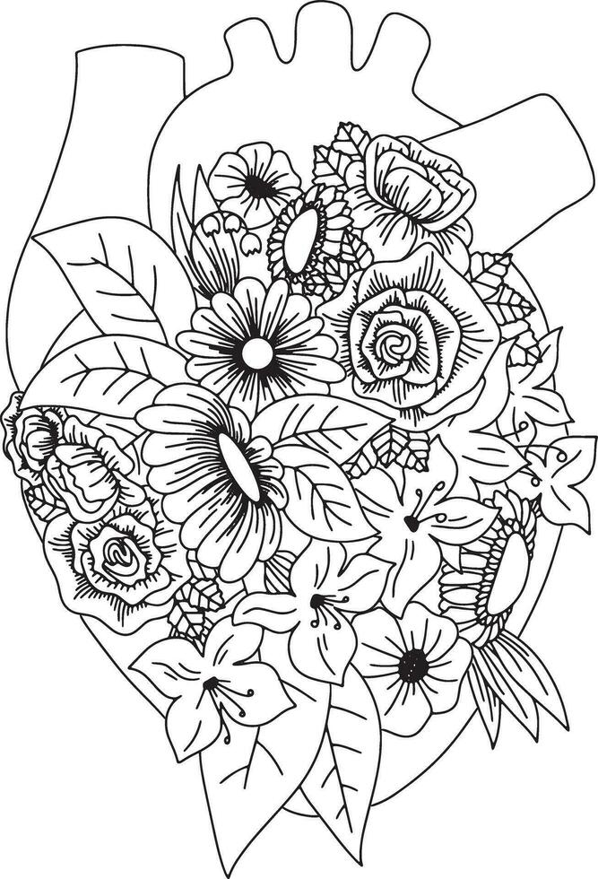 realistic Heart consisting of flowers, leaves and plants. Black and white vector image in the style of an adult coloring book on a white background. Coloring book, tattoo