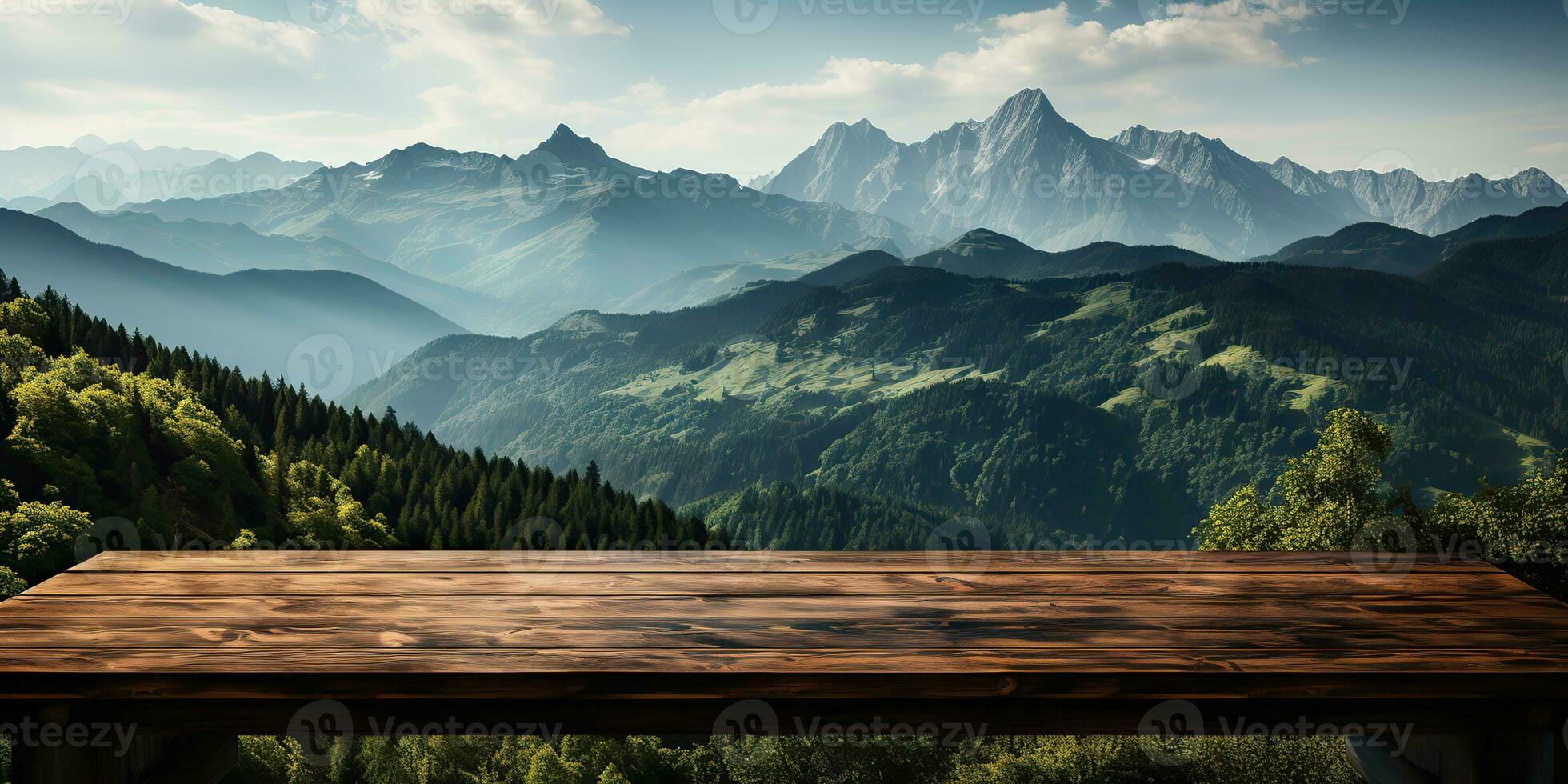 AI Generated. AI Generative. Wooden table nature outdoor forest mountain nature landscape background. Graphic Art photo