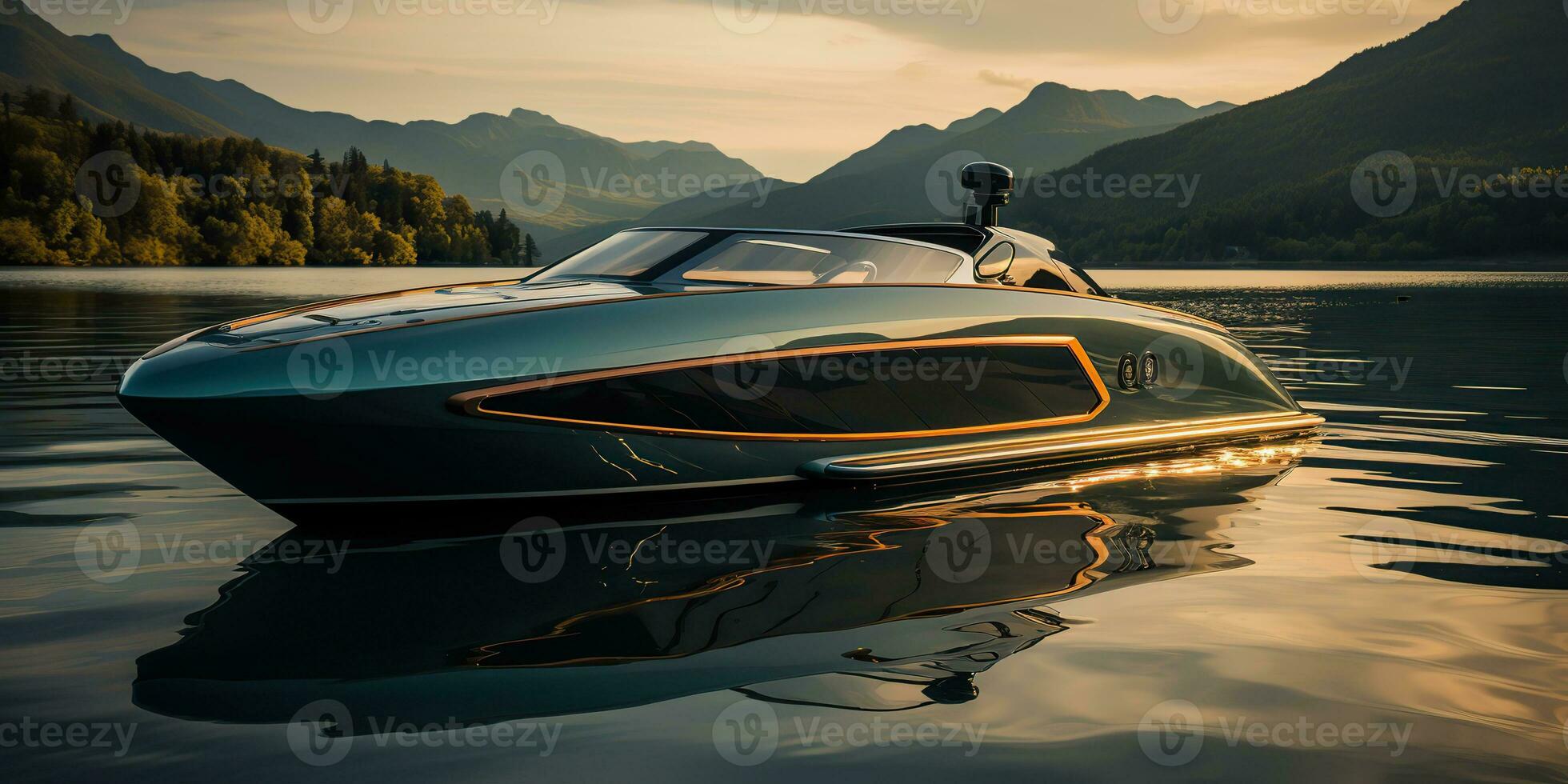 AI Generated. AI Generative. Expensive rich new modern future rocket style motor speed boat yacht ship. Nautical marine sea ocean vacation transport. Graphic Art photo