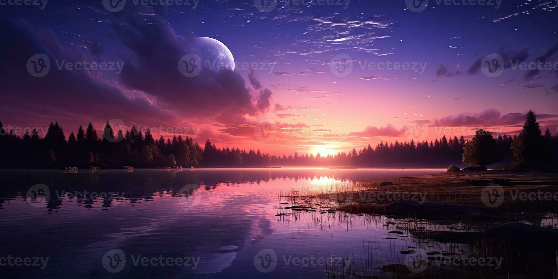 AI Generated. AI Generative. Purple pink color sunset evening nature outdoor lake with mountains landscape background. Graphic Art photo