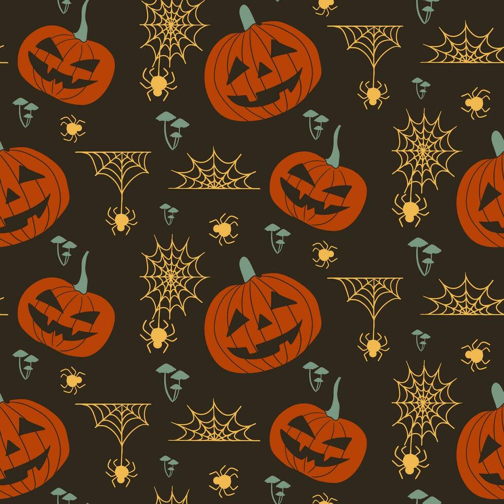 Dark theme halloween silhouette seamless pettern with pumpkings, spider webs and poisounous mushrooms on dark background. Spooky unique design for halloween decoration, textile, wrapping vector