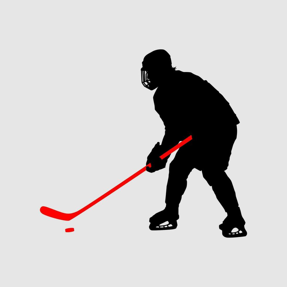 High details of ice hockey silhouette. Minimal symbol and logo of sport. Fit for element design, background, banner, backdrop, cover, logotype. Isolated on black background. Vector Eps 10