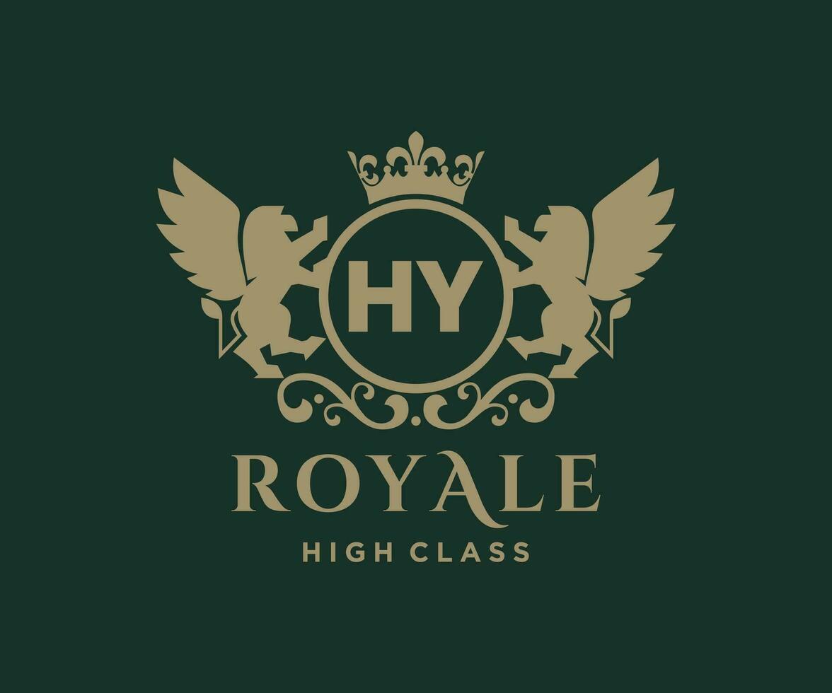 Golden Letter HY template logo Luxury gold letter with crown. Monogram alphabet . Beautiful royal initials letter. vector