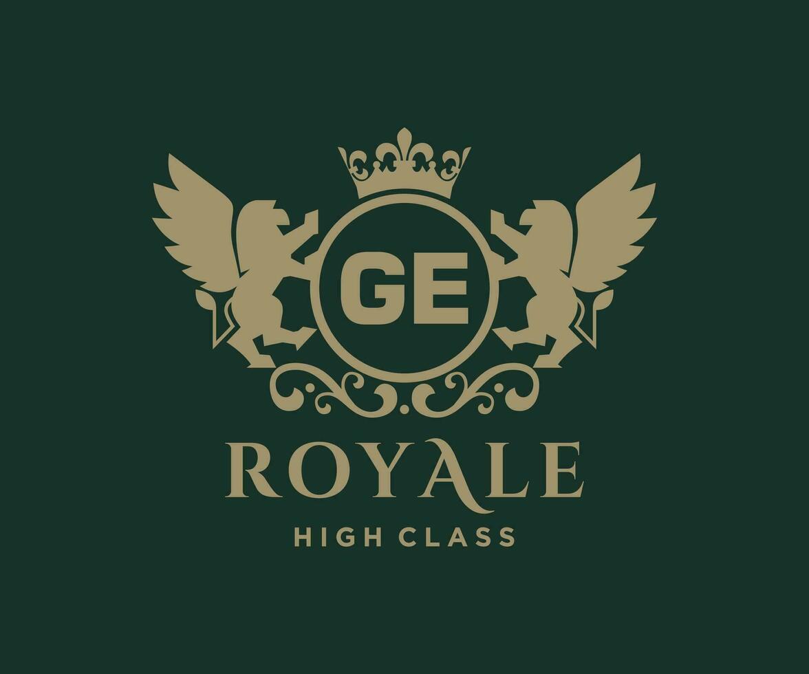 Golden Letter GE template logo Luxury gold letter with crown. Monogram alphabet . Beautiful royal initials letter. vector