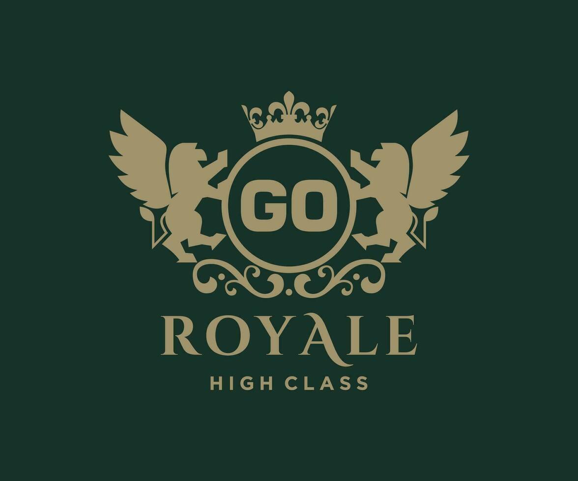 Golden Letter GO template logo Luxury gold letter with crown. Monogram alphabet . Beautiful royal initials letter. vector