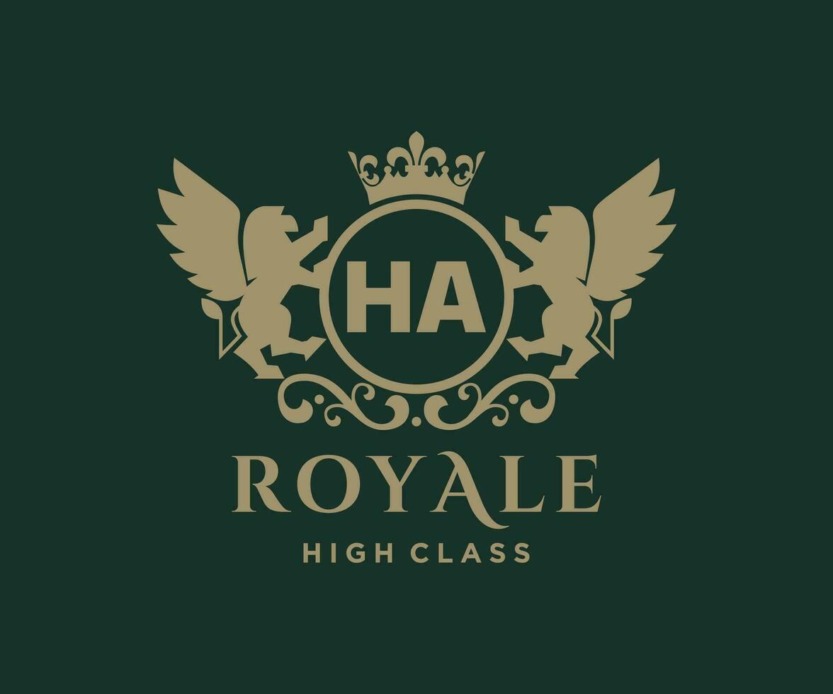 Golden Letter HA template logo Luxury gold letter with crown. Monogram alphabet . Beautiful royal initials letter. vector