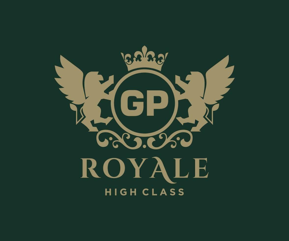 Golden Letter GP template logo Luxury gold letter with crown. Monogram alphabet . Beautiful royal initials letter. vector