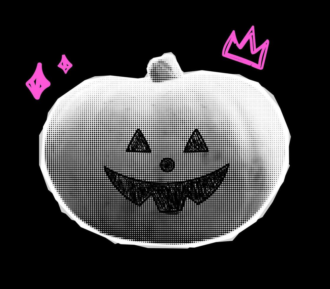 Vector crazy halftone halloween pumpkin. Illustration of 90s college halftone pumpkin, pink stars and crown. Trendy retro halftone halloween pumpkin with pink element. Jack o lantern.