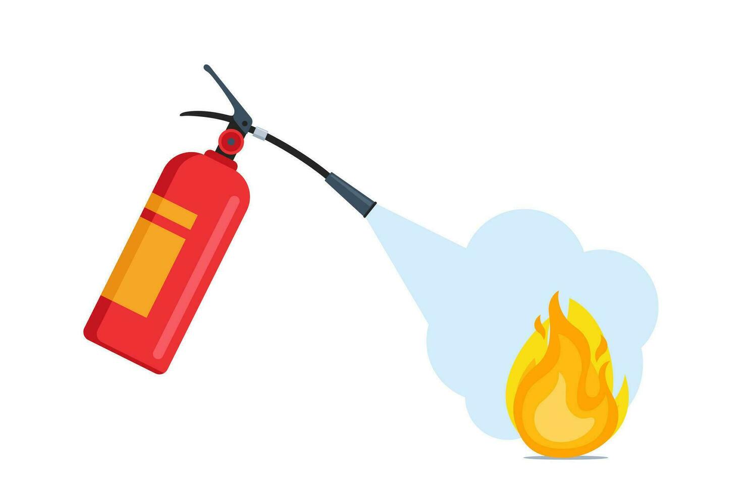 Fire extinguishing. Autonomous red fire extinguisher foam spills onto fire. Safety concept, protective warning. Vector