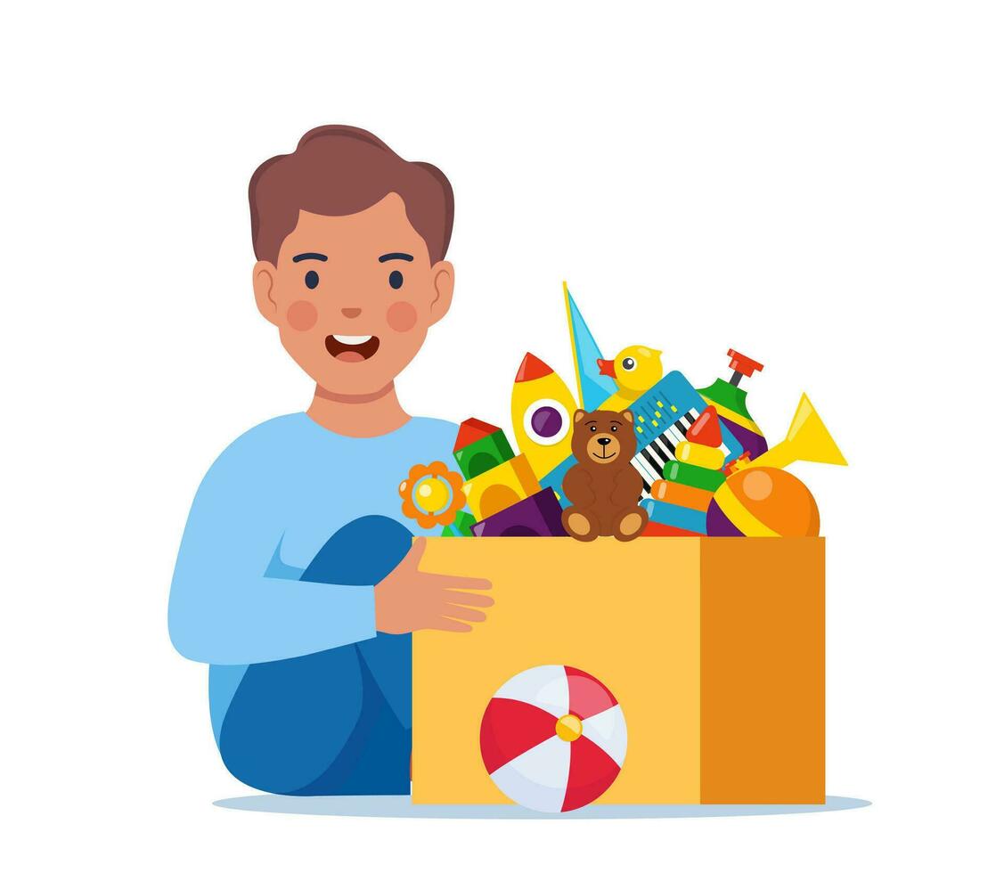 Happy boy kid holding toy box full of toys. Cubes, whirligig, duck, ball rattle, pyramid, pipe, bear, ball, rocket, tambourine, boat. Vector illustration.