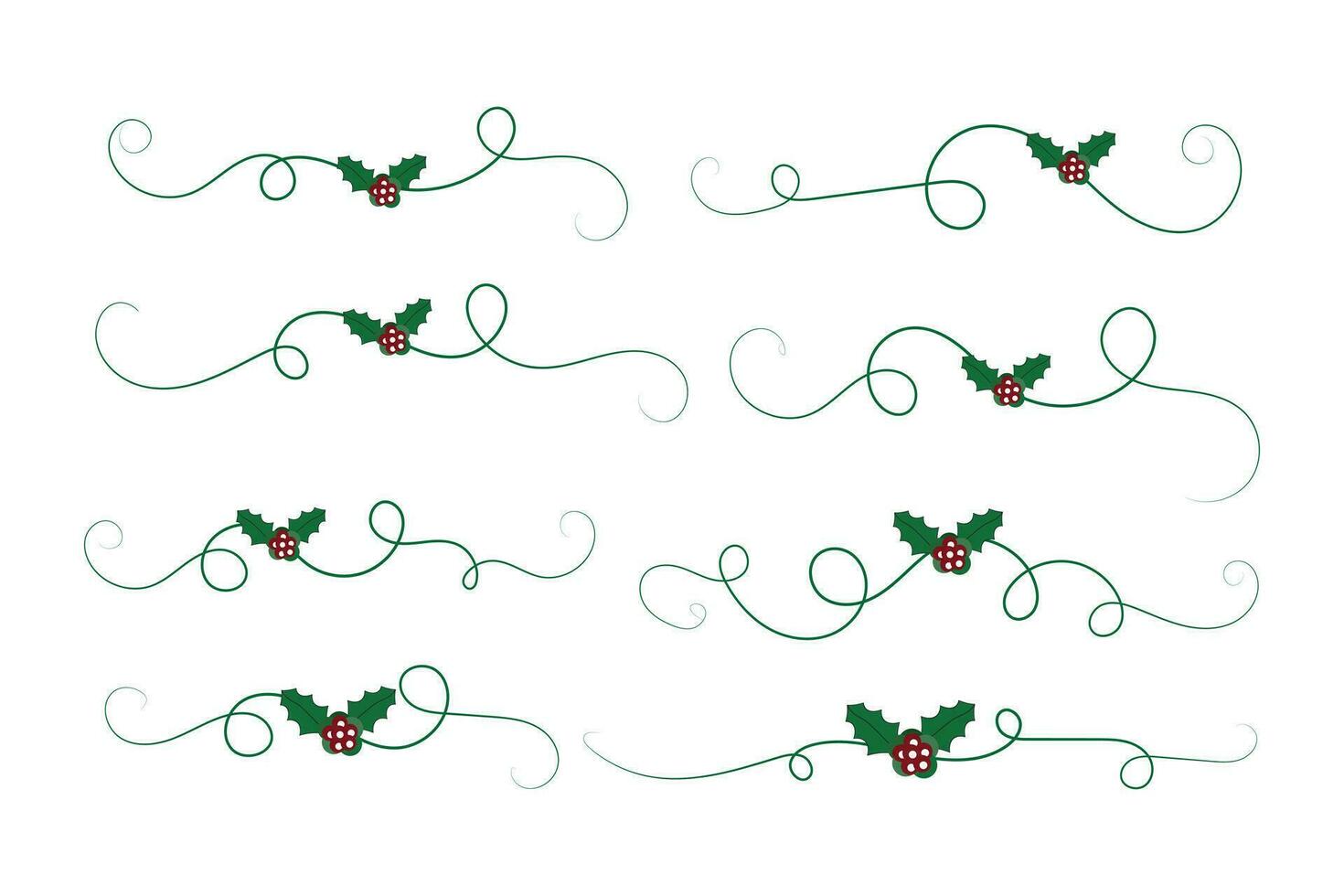 Christmas Flourishes Swirls dividers lines Decorative Elements, Vintage Calligraphy Scroll Merry Christmas blue and red holly ornaments, Winter Holly headers lettering border page decor green Ornate vector