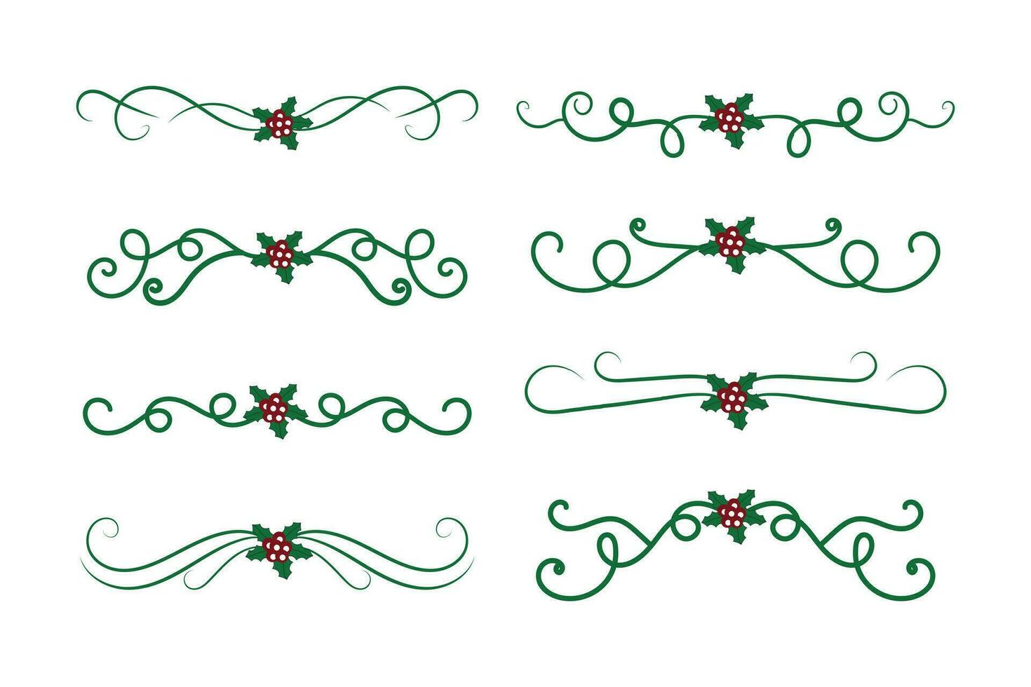 Christmas Flourishes Swirls dividers lines Decorative Elements, Vintage Calligraphy Scroll Merry Christmas blue and red holly ornaments, Winter Holly headers lettering border page decor green Ornate vector