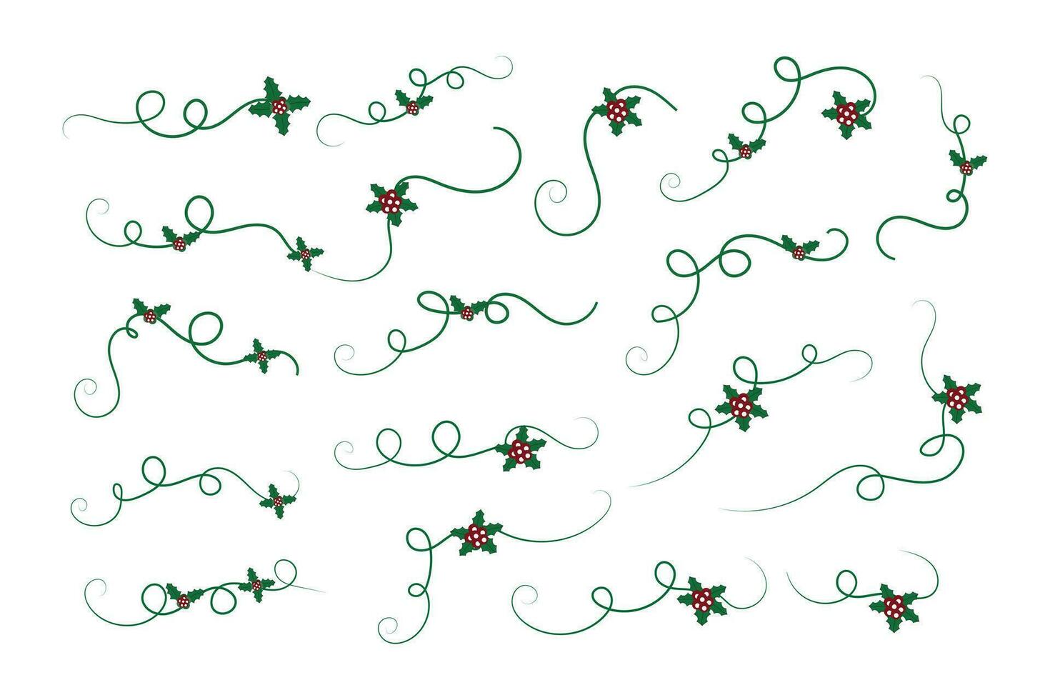 Christmas Flourishes Swirls dividers lines Decorative Elements, Vintage Calligraphy Scroll Merry Christmas blue and red holly ornaments, Winter Holly headers lettering border page decor green Ornate vector