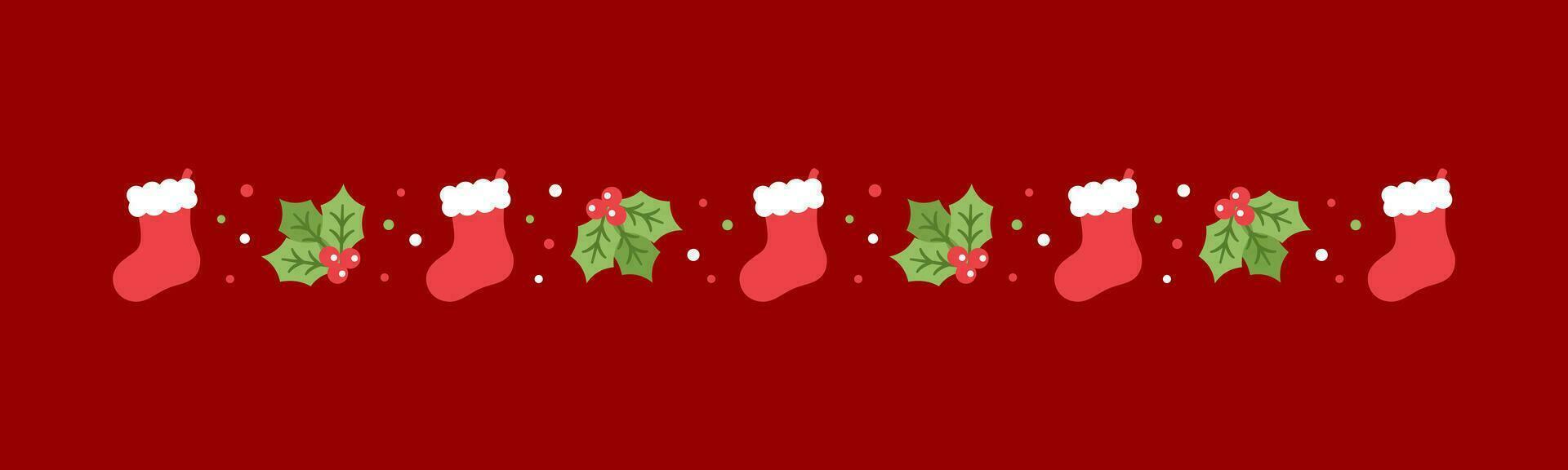 Christmas themed decorative border and text divider, Christmas Stocking and Mistletoe Pattern. Vector Illustration.