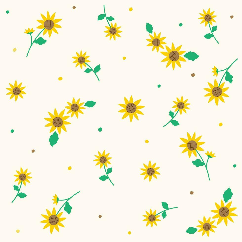 Cute Doodle Yellow Sunflower Flower Element with Leaves Floral Ditsy Leaf Polkadot Dot Confetti. Abstract Organic Shape Hand Drawn Hand Drawing Cartoon. Color Seamless Pattern Yellow Background. vector