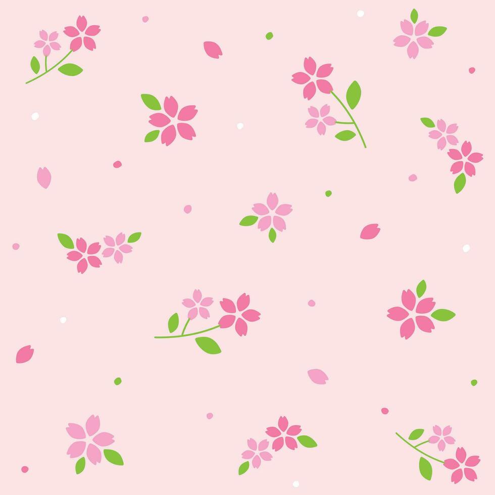 Cute Doodle Pink Sakura Flower Japan Flower Element with Leaves Floral Ditsy Leaf Polkadot Dot Confetti. Abstract Organic Shape Hand Drawn Hand Drawing Cartoon. Color Seamless Pattern Pink Background. vector