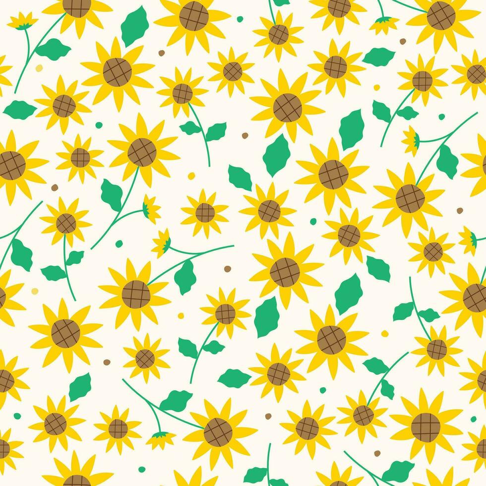 Cute Doodle Yellow Sunflower Flower Element with Leaves Floral Ditsy Leaf Polkadot Dot Confetti. Abstract Organic Shape Hand Drawn Hand Drawing Cartoon. Color Seamless Pattern Yellow Background. vector