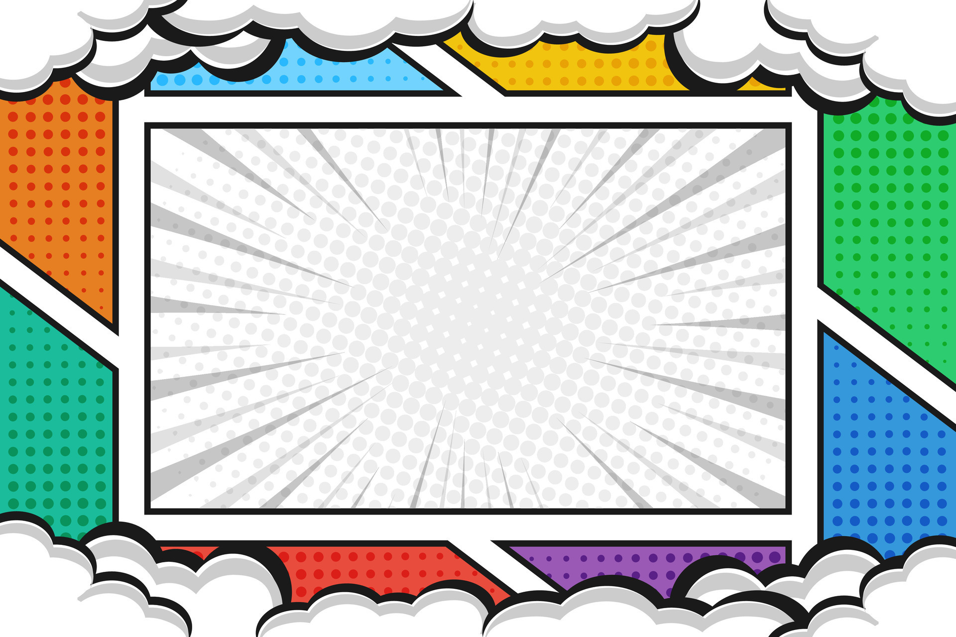 Empty colorful comic cartoon frame background template with halftone