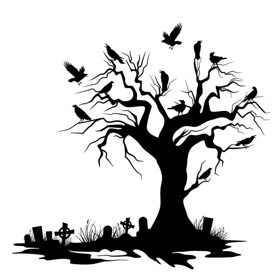 Black crow on brunch of tree. Silhouette of raven, element for Halloween. Vector illustration.