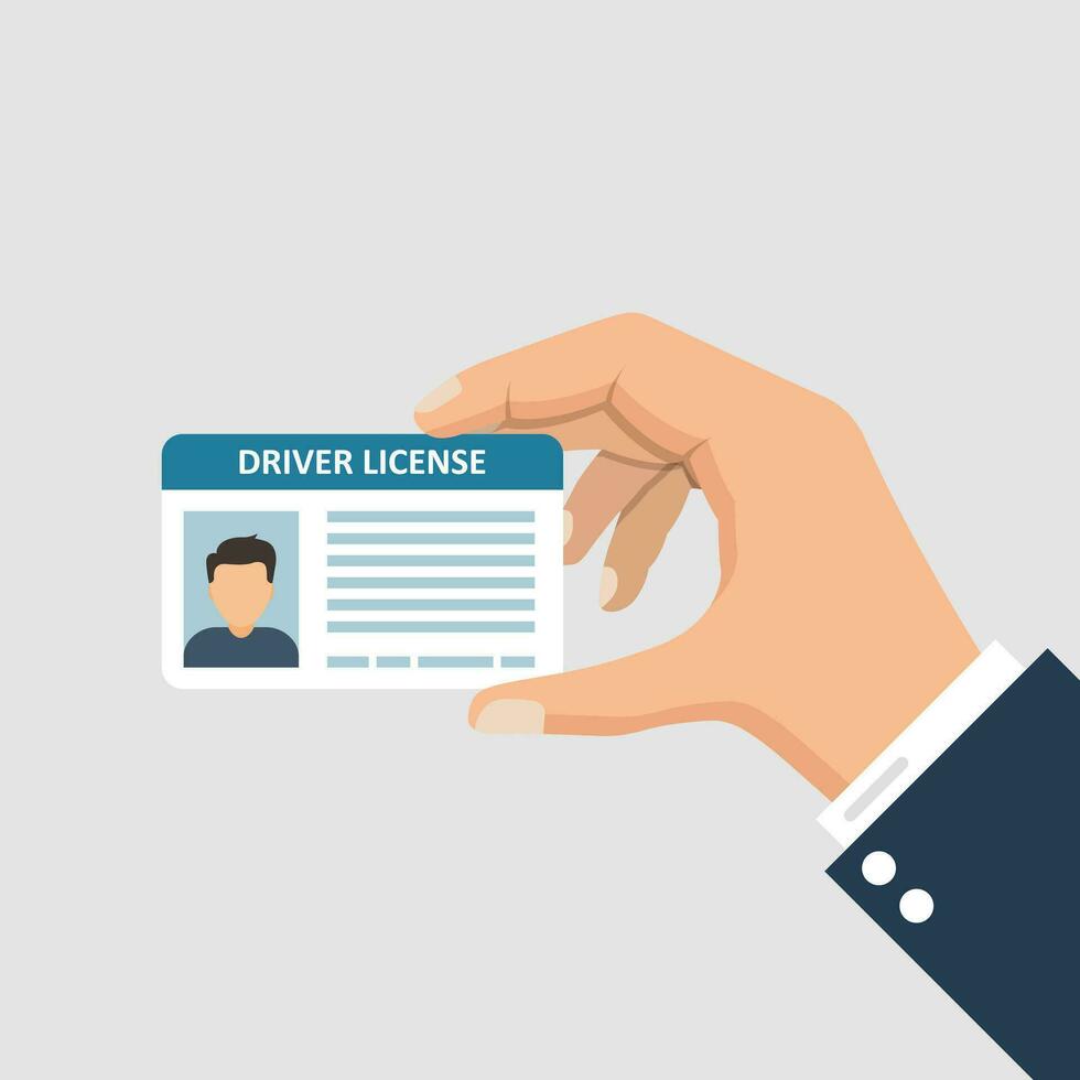 Hand holding driver license icon in flat style. Id card vector illustration on isolated background. Person document sign business concept.