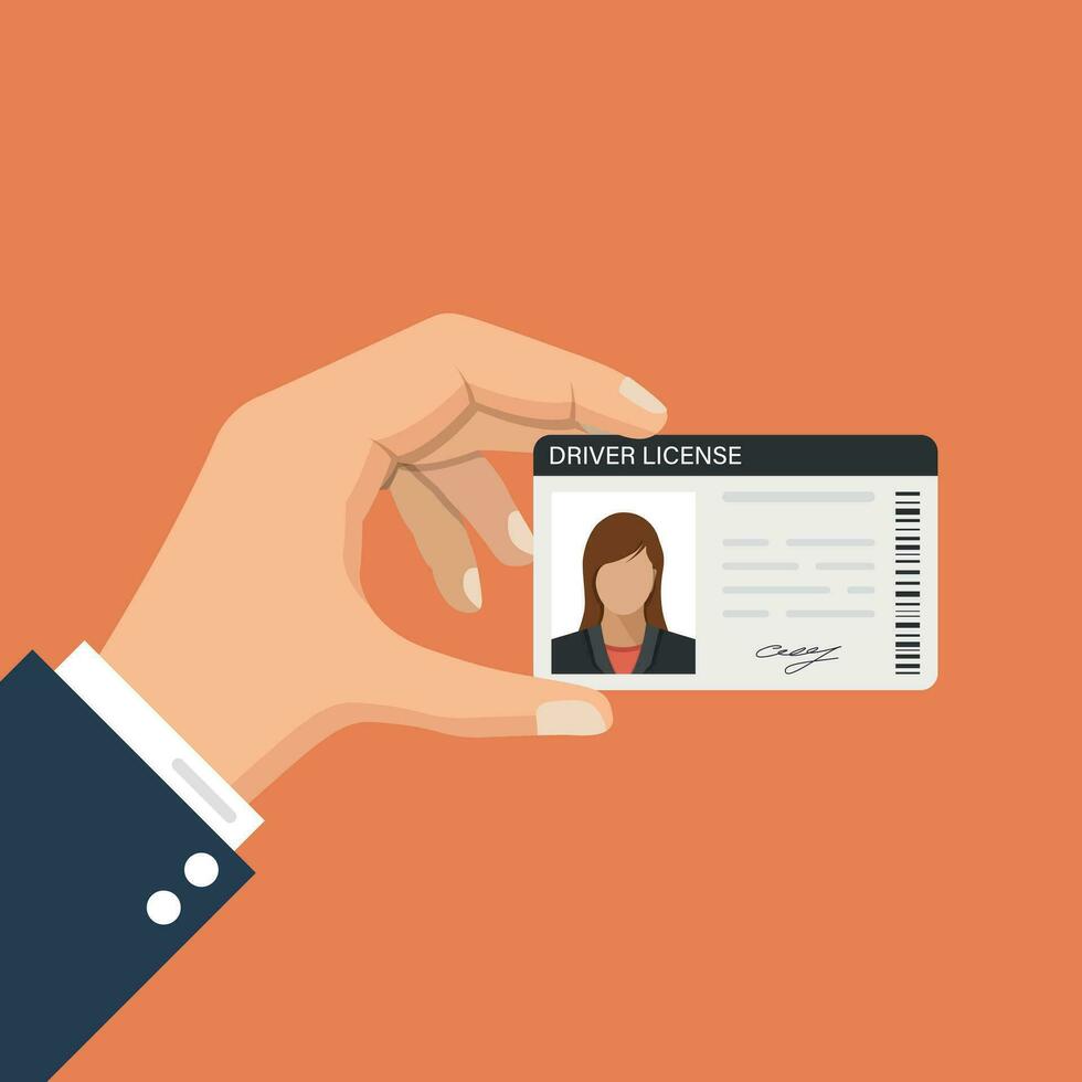 Hand holding driver license icon in flat style. Identification document vector illustration on isolated background. Profile card sign business concept.