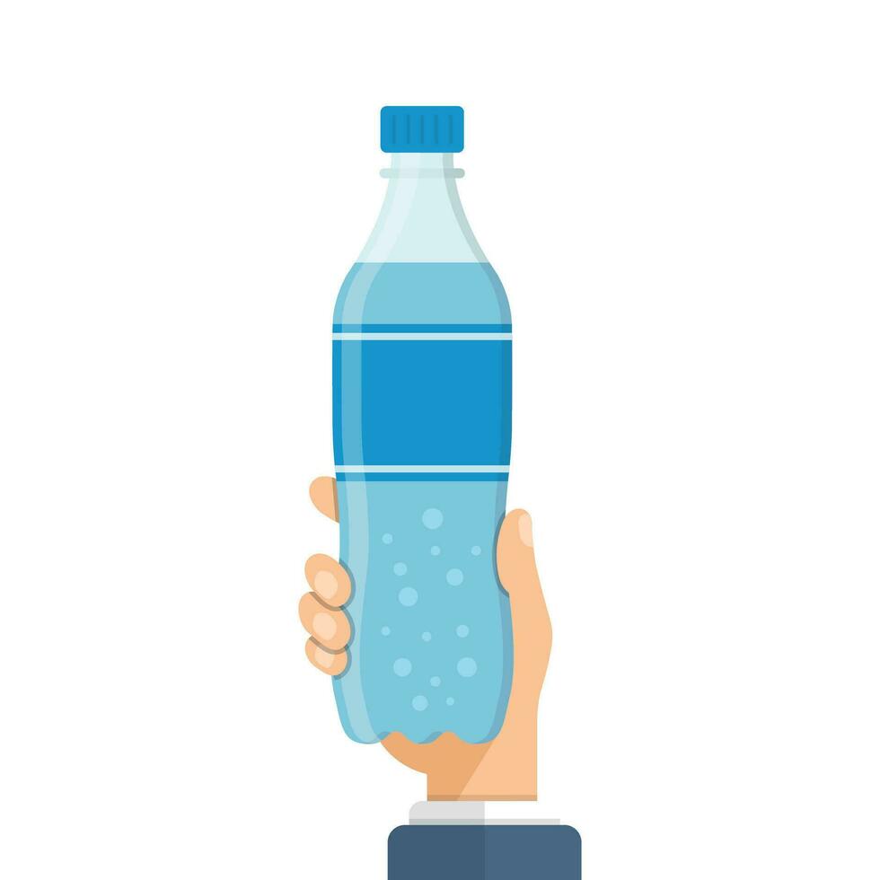 Hand holding soda drink icon in flat style. Plastic bottle vector illustration on isolated background. Water beverage sign business concept.