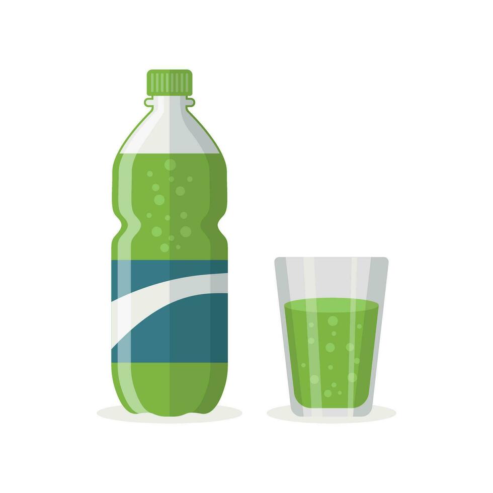 Soda drink icon in flat style. Plastic bottle and drinking glass vector illustration on isolated background. Water beverage sign business concept.