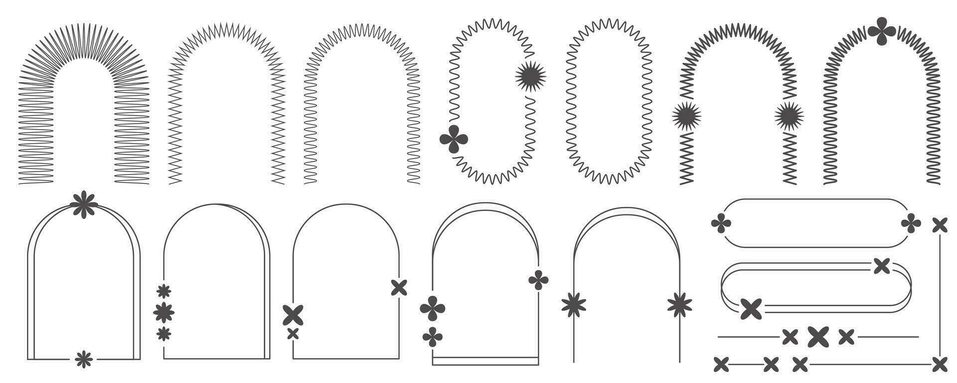 Aesthetic frames and shapes with stars. Minimal y2k outline graphic design with sparkles. Abstract minimalistic arches borders. Trendy boho geometric templates set. Vector illustration.