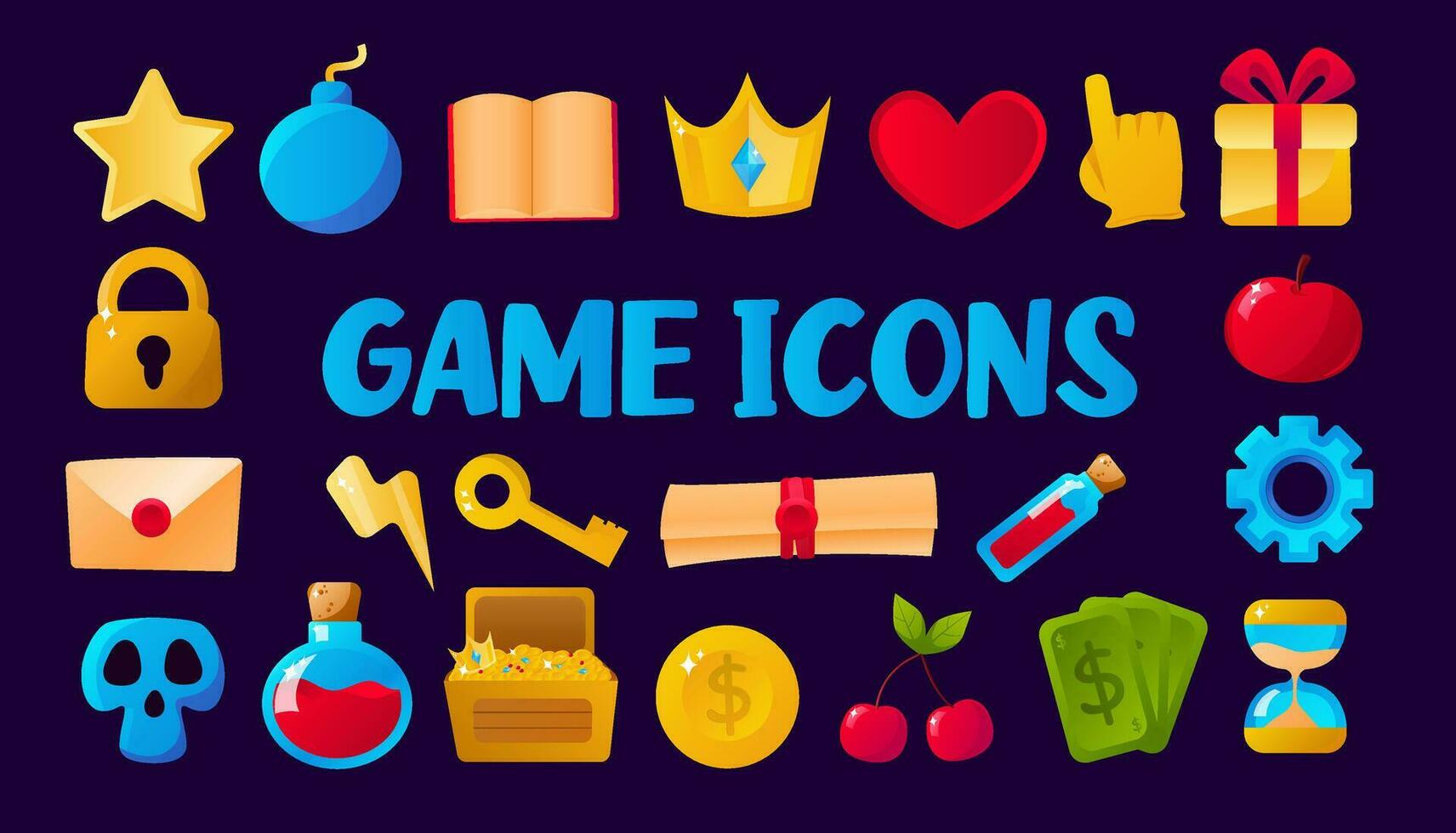 Game icon set, vector casino UI slot badge kit, golden achievement trophy collection, mobile app element. Online shield award, cup, crown, inventory items pack isolated on black. Game artefact icon