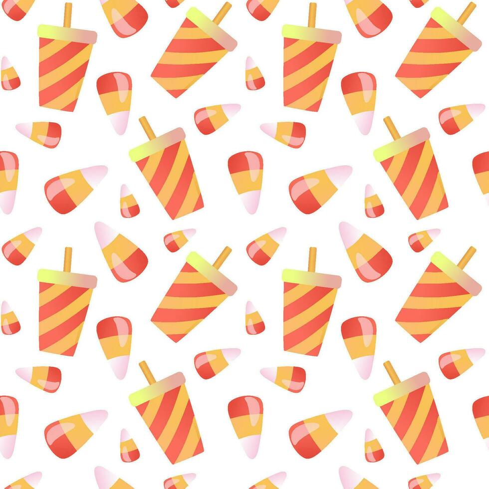 A drink in the cinema and candy corn. Seamless pattern. Perfect for various projects like textiles, paper crafts, and more. vector