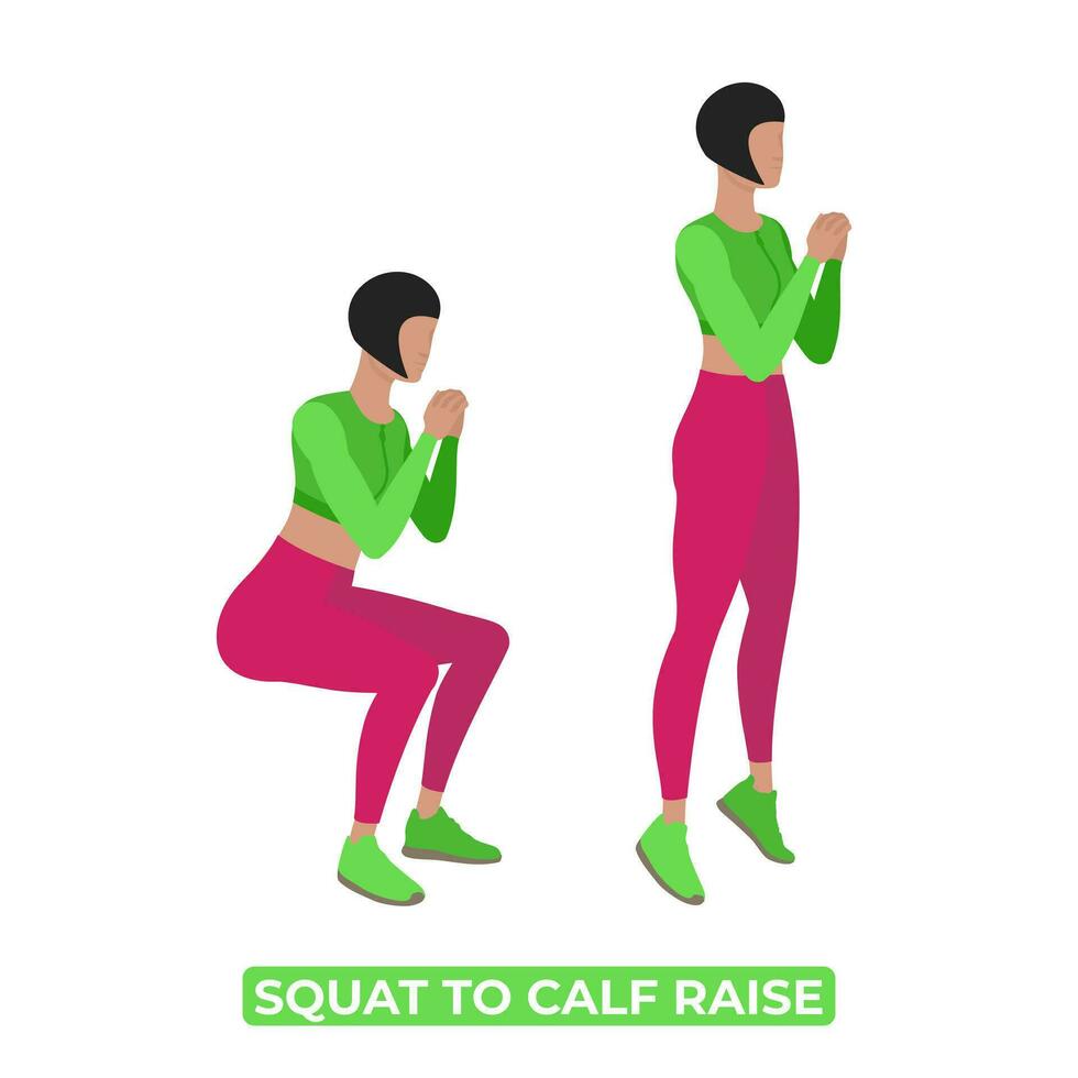 Vector Woman Doing Squat To Calf Raise. Bodyweight Fitness Legs Workout Exercise. An Educational Illustration On A White Background.