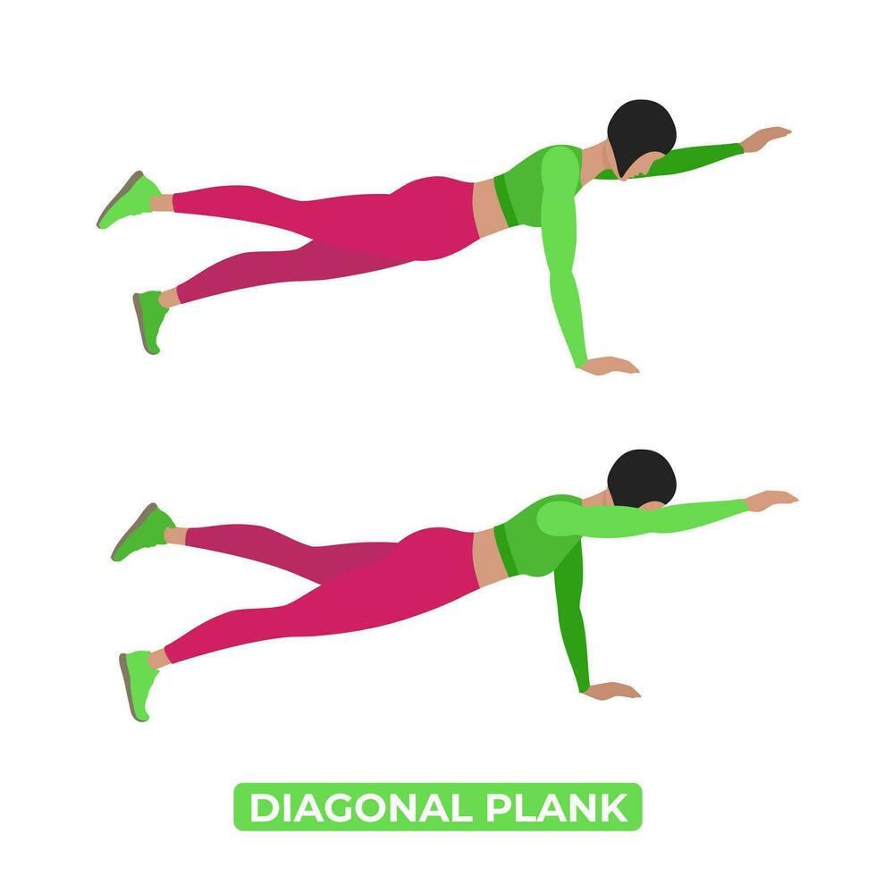 Vector Woman Doing Diagonal Plank. Bodyweight Fitness ABS and Core Workout Exercise. An Educational Illustration On A White Background.