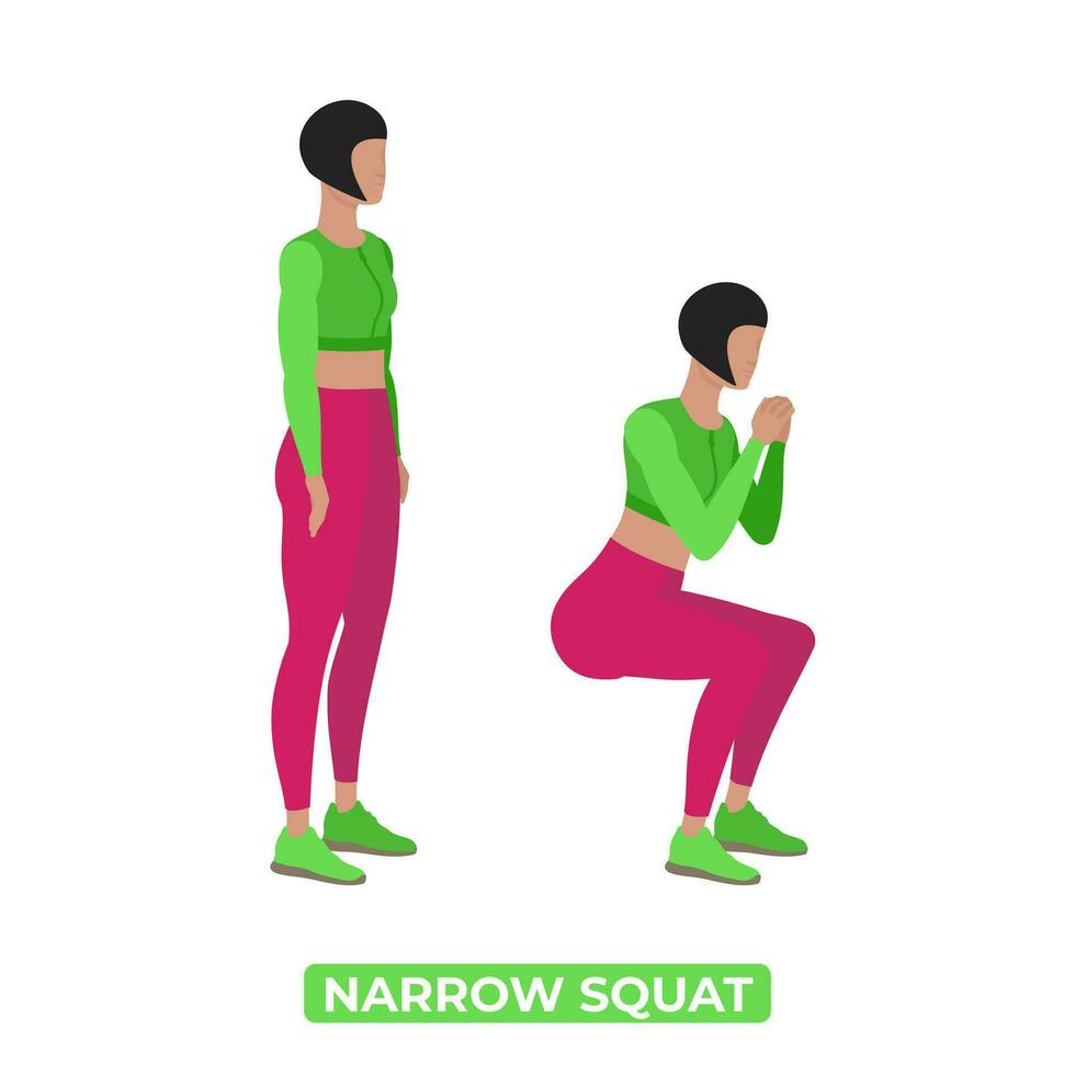 Vector Woman Doing Narrow Squat. Bodyweight Fitness Legs Workout Exercise. An Educational Illustration On A White Background.
