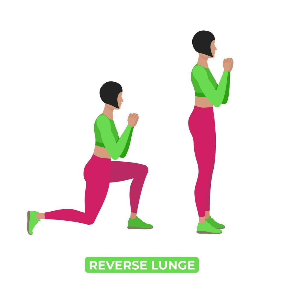 Vector Woman Doing Reverse Lunge. Rear Lunge. Bodyweight Fitness Legs Workout Exercise. An Educational Illustration On A White Background.